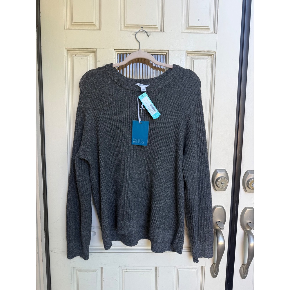 Market & Spruce Aspen Cropped Blouson Sleeve Sweater Dark Grey Ribbed Size 1X